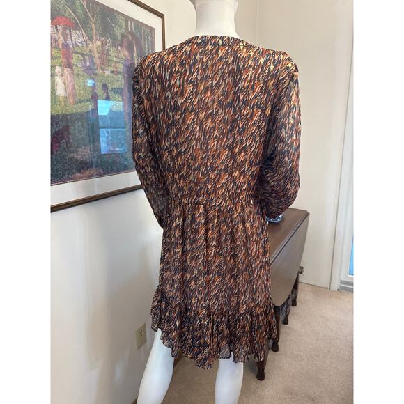 Vince Camuto Brown and Gold Long Sleeved Split Neck Mini Dress Large - Picture 4 of 9